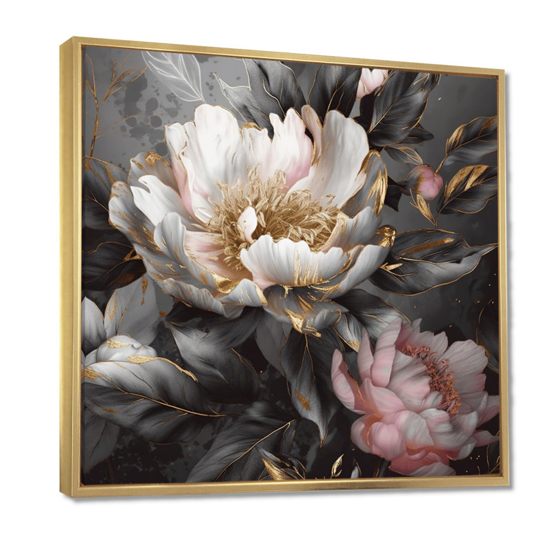 Pivoines roses et grises en fleurs II - impressions de pivoines, Cadre doré, H 36 po x l 36 po