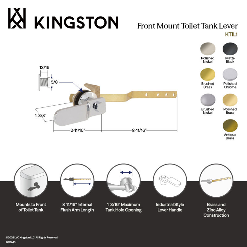 Kingston Brass Convergent Front Mount Toilet Tank Lever, Brushed Nickel