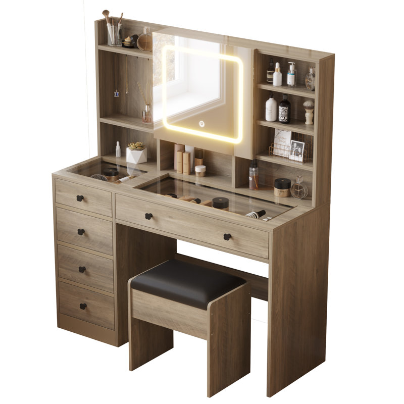 Ensemble de tabouret de coiffeuse Bohuslava, Chêne