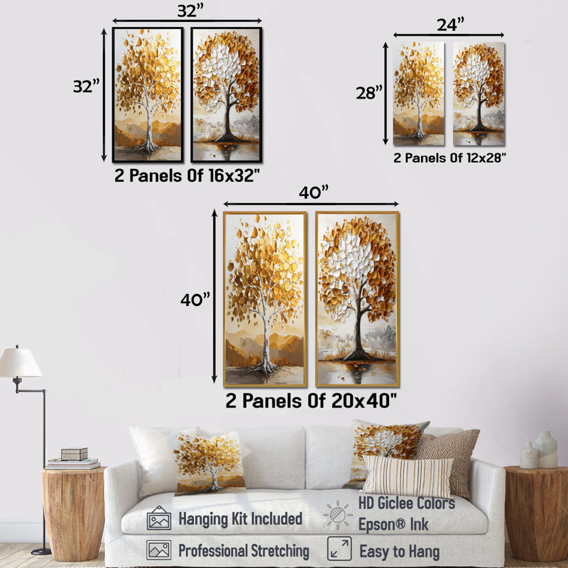 Ensemble de 2 pièces d'art mural doré et blanc, Toile tendue, H 28 po x l 24 po