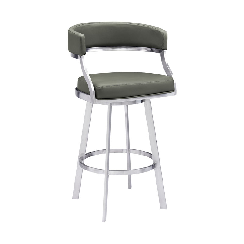 Tabouret de bar rotatif Dehn avec dossier ouvert et repose-pieds en métal et similicuir Dehn, Gris, Acier inoxydable brossé