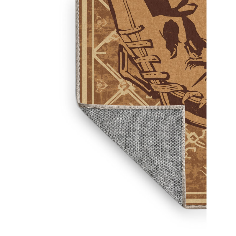 Machine Washable Medford Baseball Glove Catch Vintage Vintage Look Rug in Brown – Beige Binding, 3x5