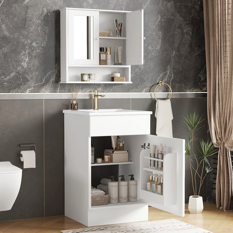 Ensemble de meuble-lavabo avec armoire à pharmacie avec miroir assorti, armoire de rangement moderne avec lavabo en céramique, armoire à pharmacie murale pour la salle de bain
