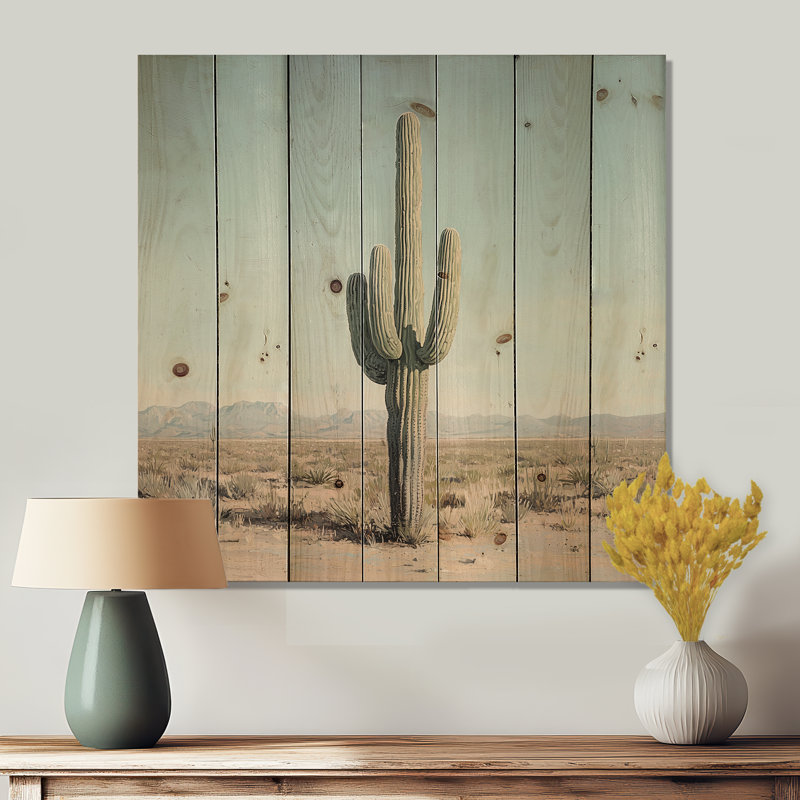 Saguaro Cactus And The Desert Sky I - Floral Cactus Wood Wall Art - On Natural Pine Wood, 15" H x 15" W x 0.78" D