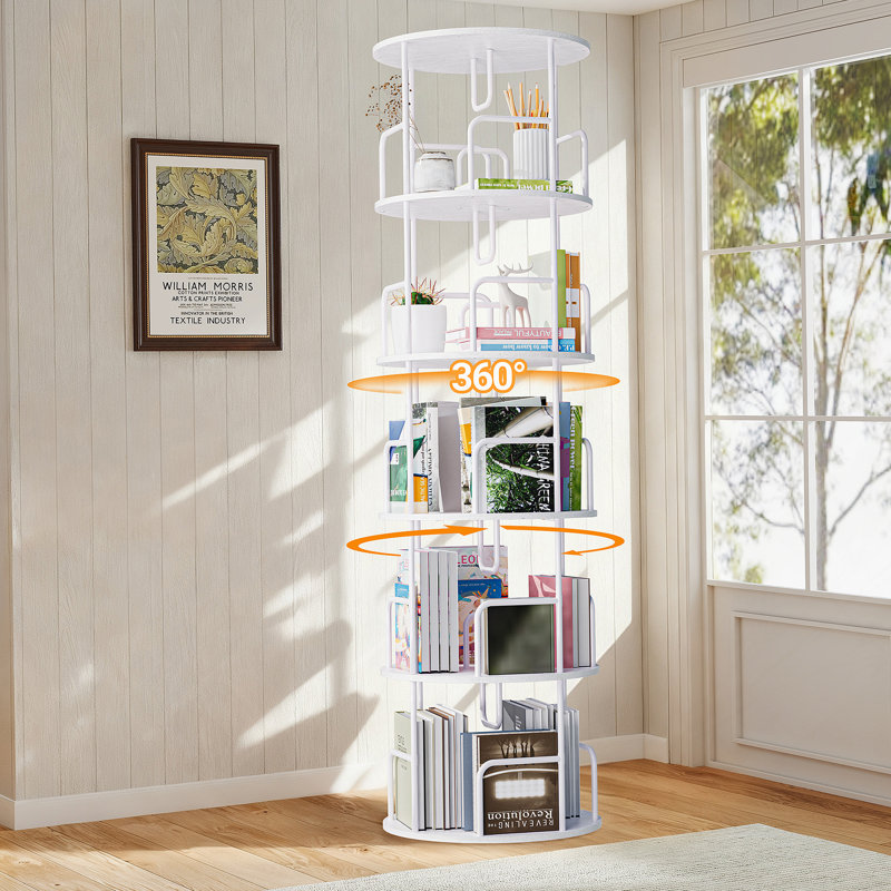 360° Rotating 5-Tier Bookshelf Tower With Space-Saving Design And Smooth Turntable Functionality For Home Organization.