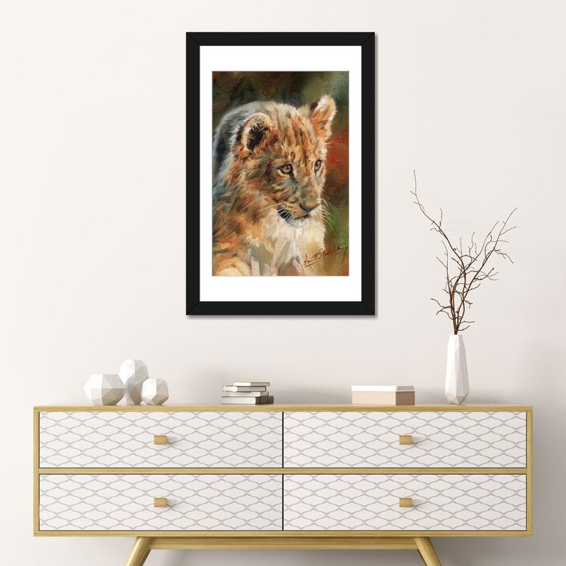« lion cub », impression sur toile, H 24 po x l 16 po x P 1 po, Papier d'art encadré noir, Blanc