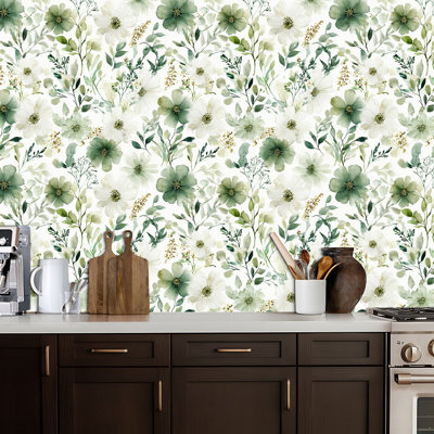 Papier peint auto-adhésif à peler et à coller aquarelle vert blanc à motif floral délicat à détails botaniques de contact amovible pour armoires de cuisine de chambre à coucher 24 po x 118 po