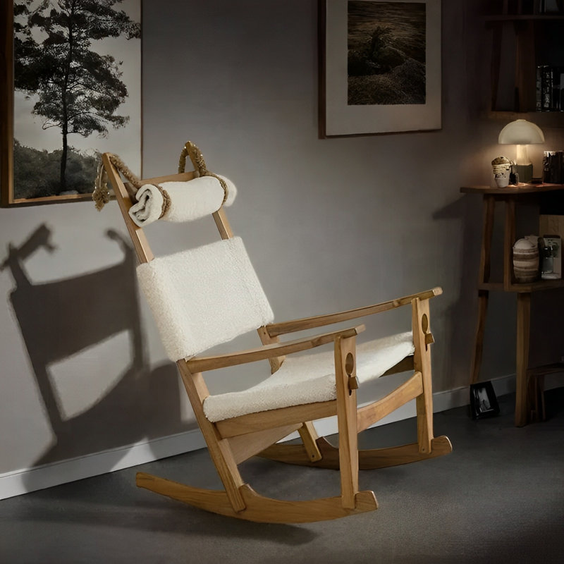 Chaise berçante simple en bois massif, Blanc cassé
