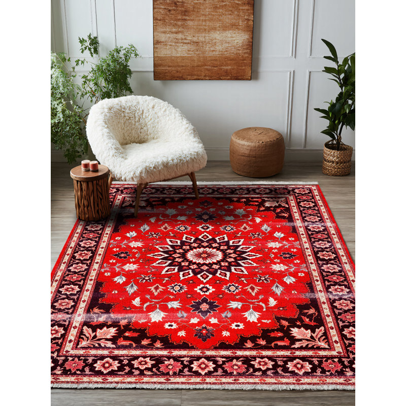 Tapis marocain rouge en coton et polyester à imprimé numérique Edith Collection, Rond 4 pi