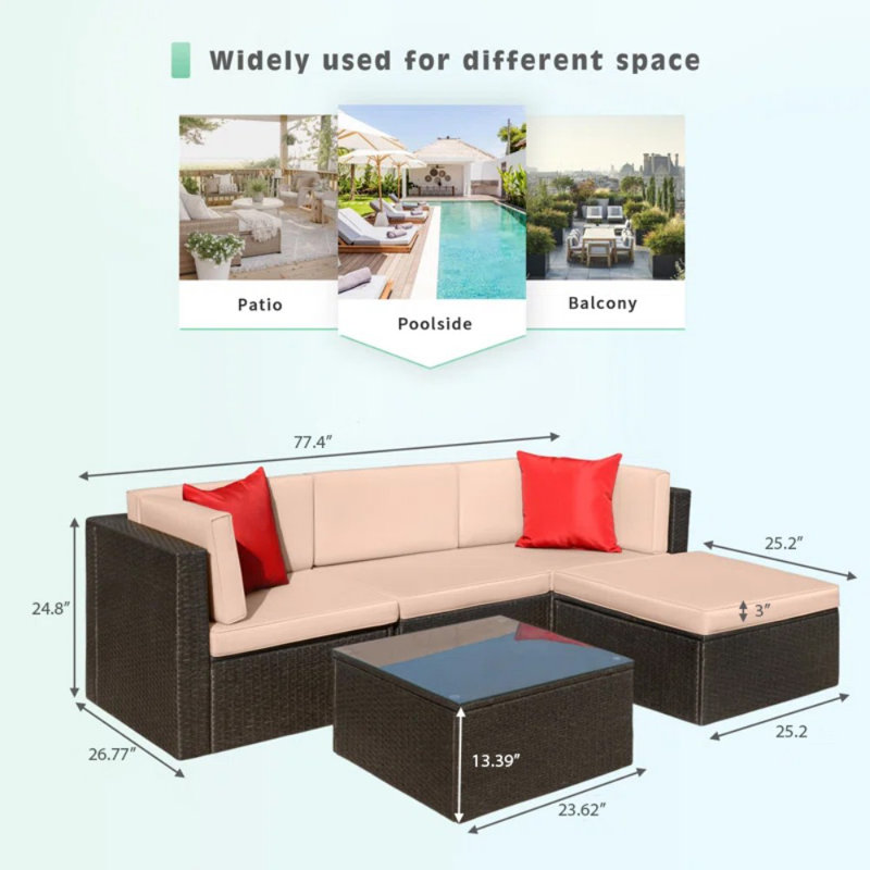 Ensemble de conversation modulaire en rotin 5 pièces avec coussins Agaran, Beige, Brun, Rouge