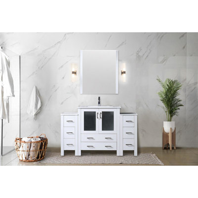 White 54 In. Bath Vanity With Side Cabinets, Faucet Included, Ceramic Counter, And 28 Mirror - Surface Finish W Bathroom Faucet, Top, Wall Hung Stain