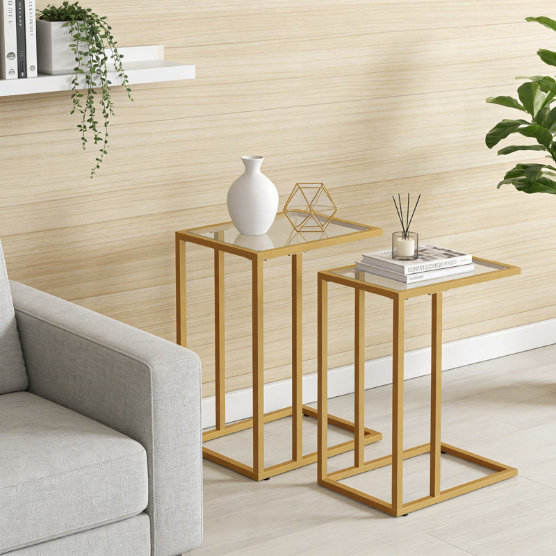Modern C-Shaped End Table With Tempered Glass Top, Space-Saving Side Table For Sofa, Bedside Or Office, Sturdy Metal Frame, Easy Assembly, Set Of 2