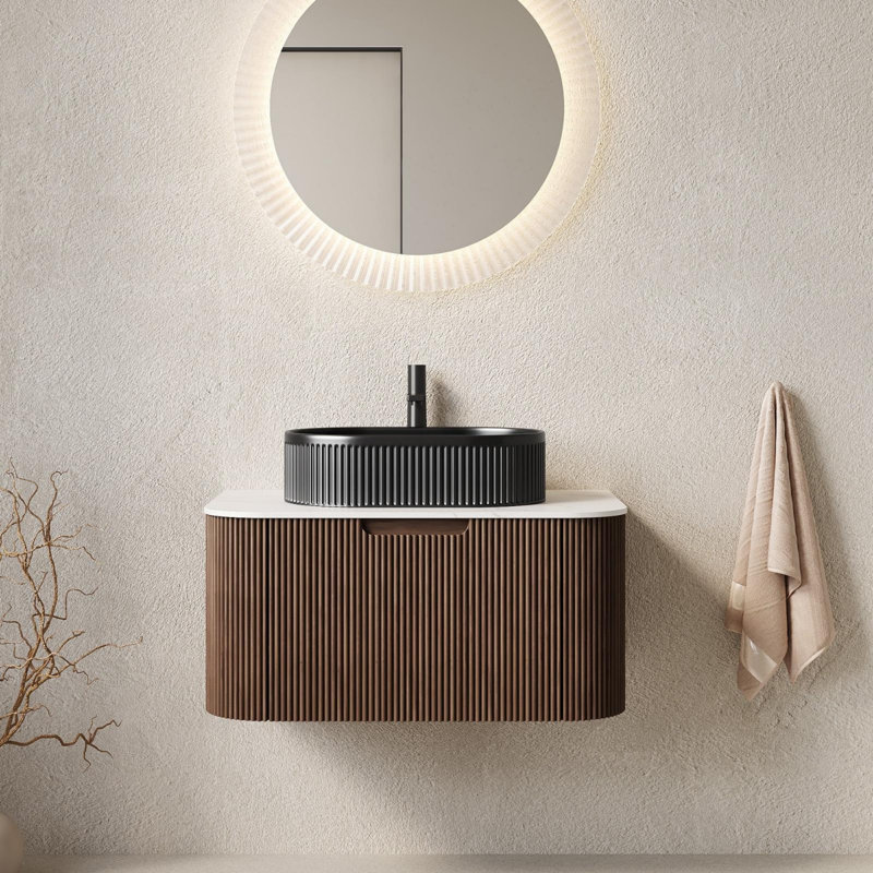 Meuble-lavabo de salle de bain mural avec tiroirs, pré-assemblé, Noyer foncé, 60"