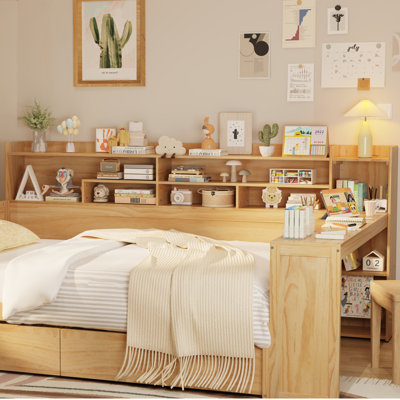 Lit de jour pleine grandeur en bois avec tablettes de rangement, deux tiroirs et bureau d'étude, lit multifonctionnel, naturel
