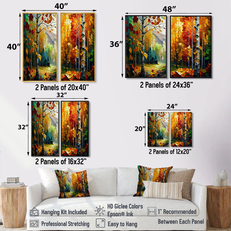 Chemin dans la forêt III - Orange, reproduction d'art sur toile 2 pièces, H 36 po x l 48 po, Noir