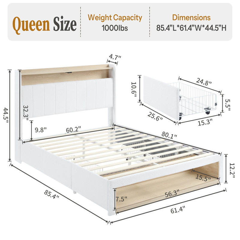 Upholstered Platform Bed with Storage Headboard , 2 Storage Drawers & Footboard Cabinet, Charging Station and LED Lights