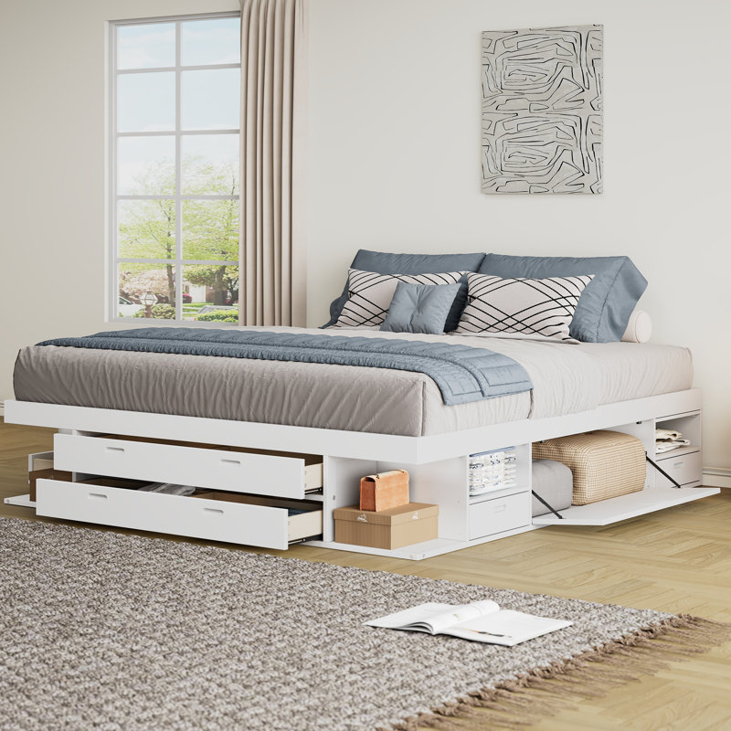 Structure de lit plateforme très grand avec rangement et tablettes, sans sommier tapissier