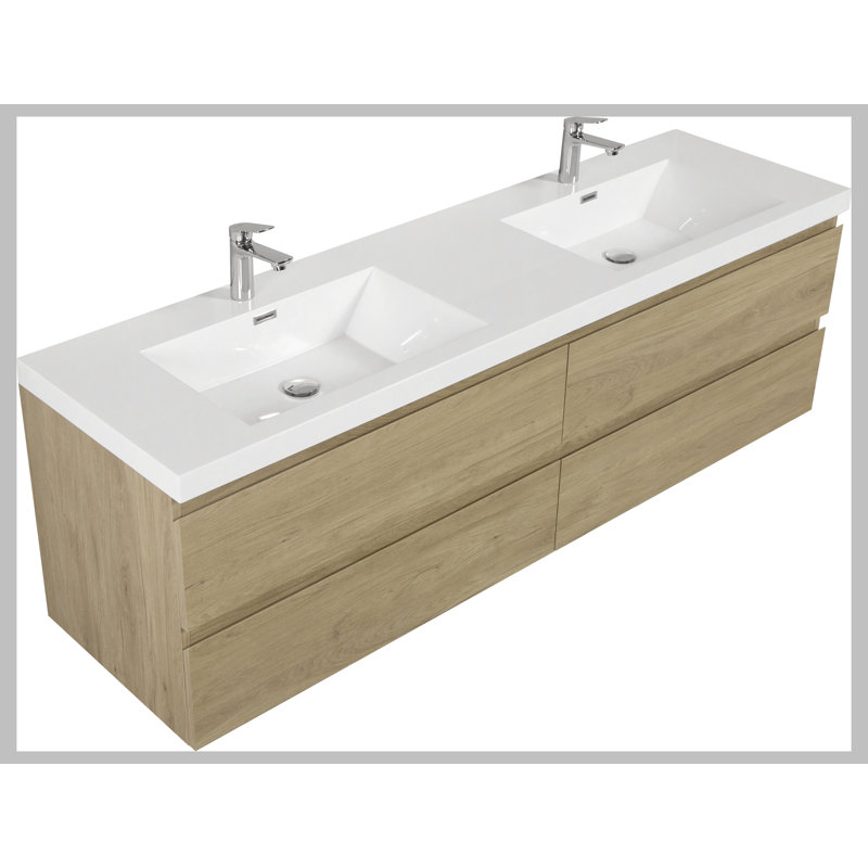 Meuble-lavabo mural 72 po avec lavabo, meuble-lavabo mural moderne 72 po avec lavabo et deux tiroirs à fermeture en douceur, chêne naturel