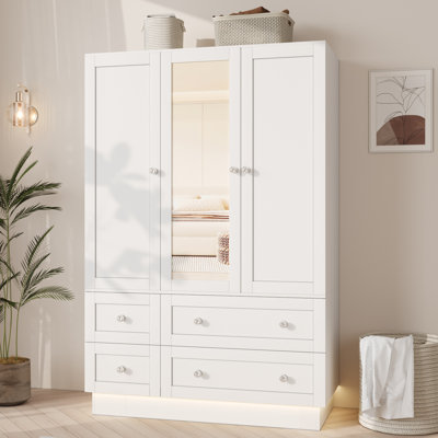 Armoire-penderie Armoire avec miroir et lumière RVB, armoire de rangement en bois à 3 portes avec tiroirs, tringle et compartiment de rangement