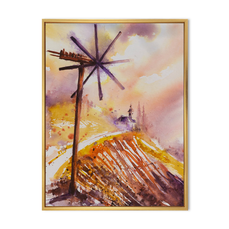 Watermill in Italian Landscape I - Peinture sur toile, H 32 po x l 16 po, Cadre flottant doré