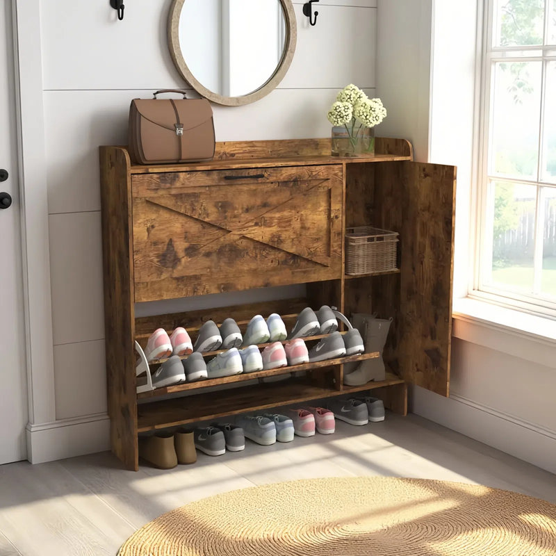 Armoire à chaussures étroite avec 2 tiroirs rabattables, miroir et pieds en métal - Rangement autoportant pour vestibule