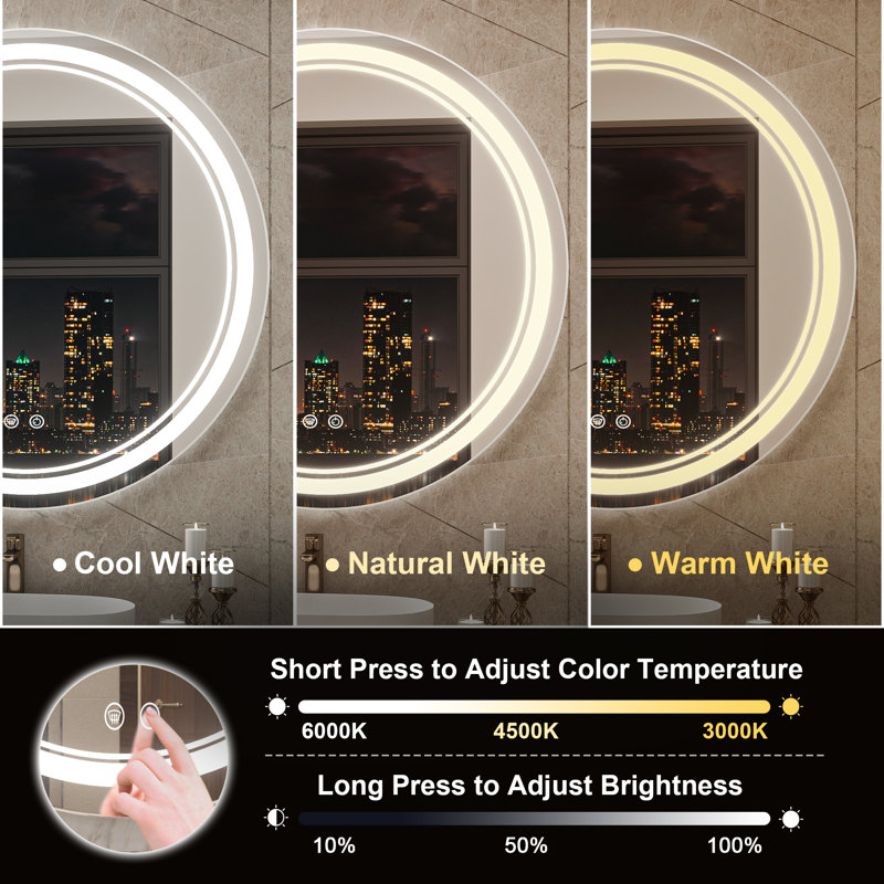 Lashonta Round Frameless Frontlit Bathroom Mirror with Stepless Brightness Adjustment, 3 Color Temperature & Defog Function
