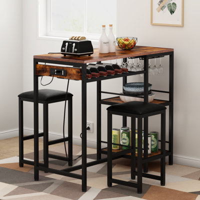 Bar Table and Chairs Set with Power Outlet, Pub Table and Chairs Set for 2 with 2 Storage Shelves