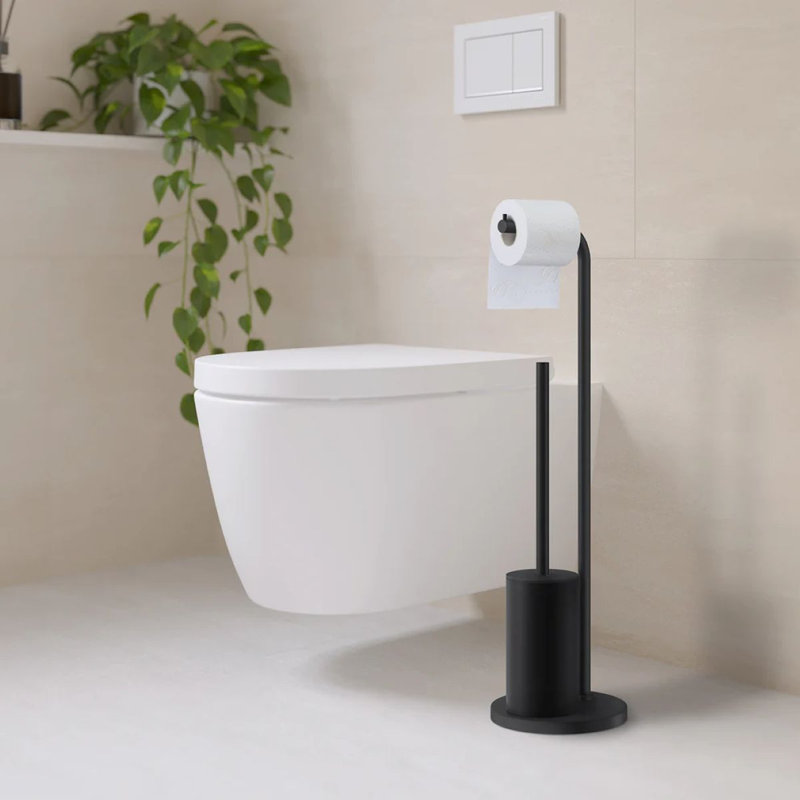 Porte-papier hygiénique sur pied avec brosse de toilette, Noir mat