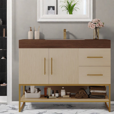 Meuble-lavabo élégant 36 po avec lavabo et détails dorés pour salle de bain Elegant Modern
