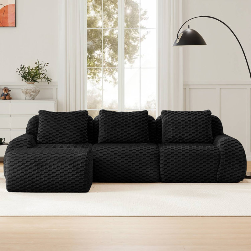 114" Flannel L-Shaped Modular Sectional With Ottoman, Black Fabric