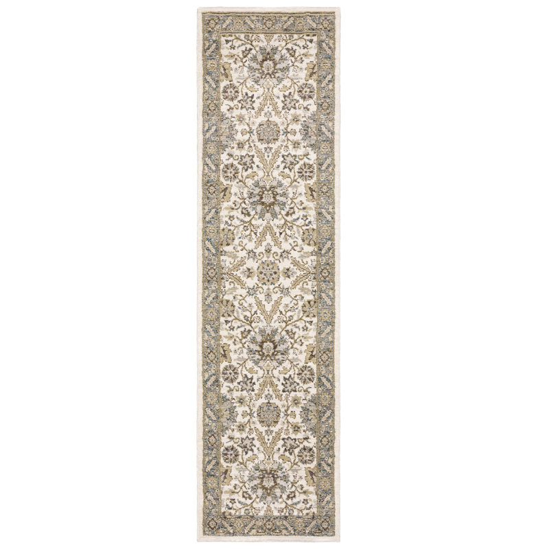 Tapis pierre / ivoire Alair Borders, Tapis de couloir 2 pi 3 po x 8 pi