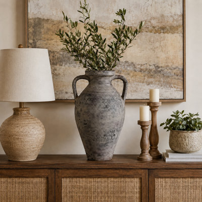 Modern Amphora Terracotta Table Vase with Handles for Home Decor - Decorative Tall Flower Vase for Living Room or Shelf Display - 20", Gray & Brown