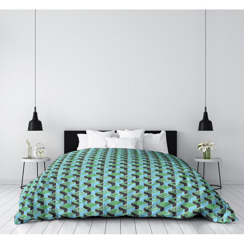 Housse de couette simple à motif de gratte-ciels foncés, Housse de couette simple TG, Vert/bleu sarcelle, Polyester brossé