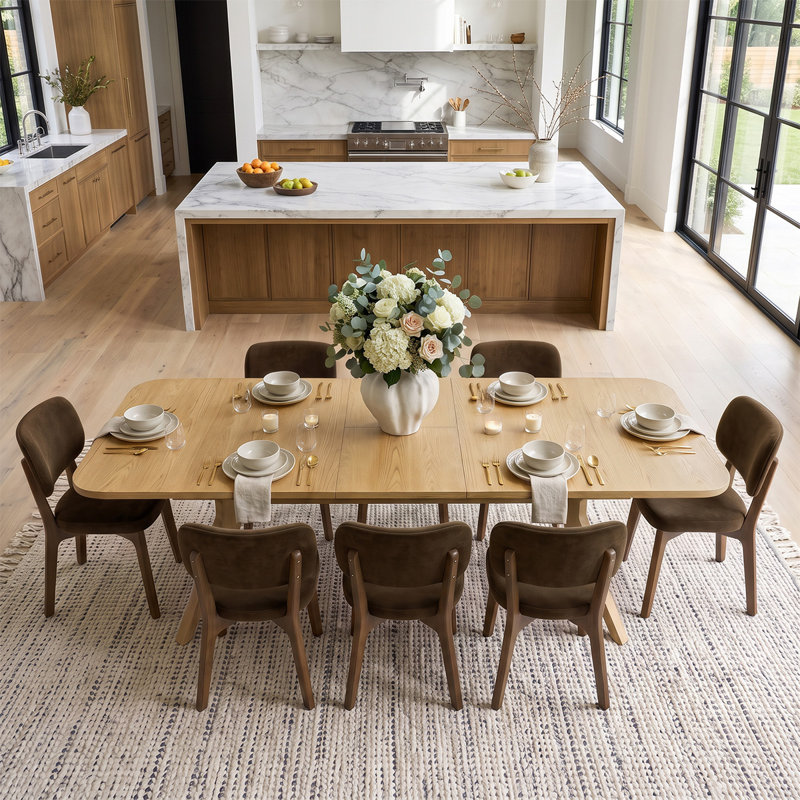 78"-96" Extendable Rectangular Wood Veneer Dining Table Set with 8 Velvet Upholstered Chairs, Brun