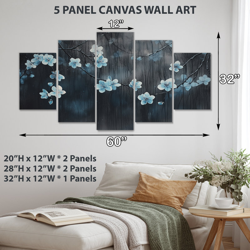 Art mural fleur de cerisier bleu, toile florale de minuit, fleurs de cerisier bleues brillantes à minuit 5 panneaux