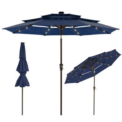 Parasol de patio solaire 9 pi avec lumières DEL à 3 niveaux avec inclinaison et manivelle, 8 nervures robustes, coupe-vent et résistant aux rayons UV