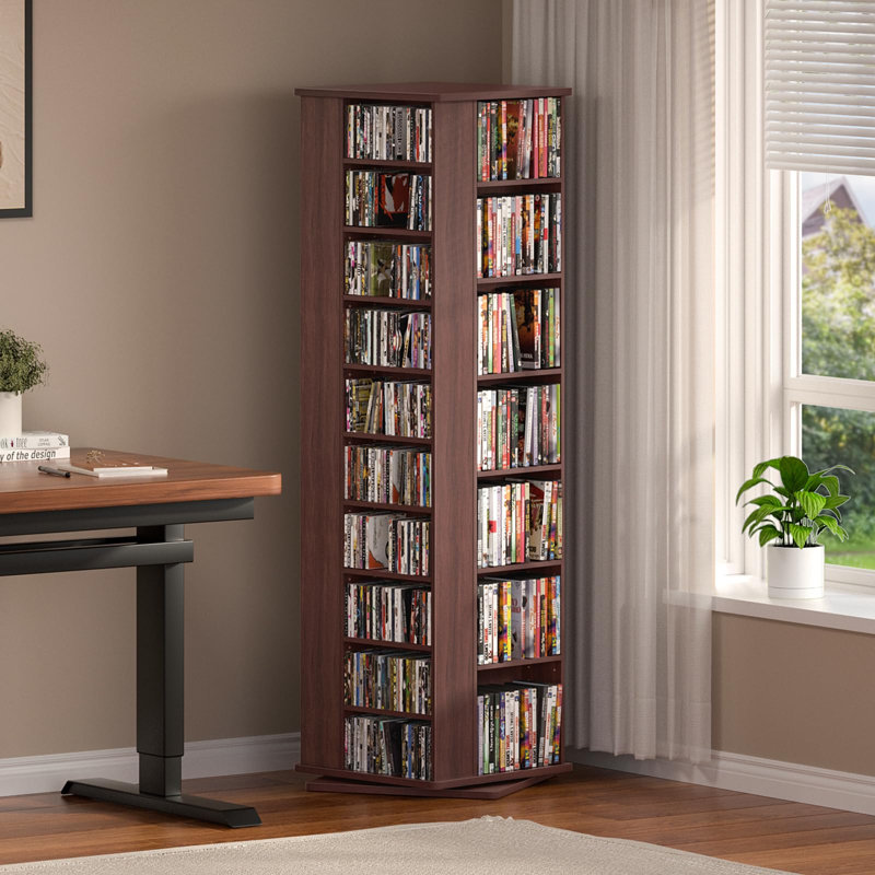 Étagère de rangement pour DVD, support rotatif pour DVD avec étagères réglables, Noyer