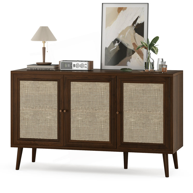 Buffet avec 3 portes en rotin et console de rangement moderne, Noyer