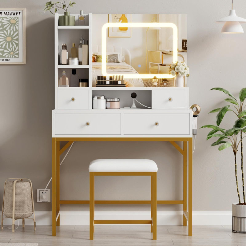 Bureau de coiffeuse avec miroir, 3 coiffeuses de maquillage à mode d'éclairage réglable, Blanc / Doré