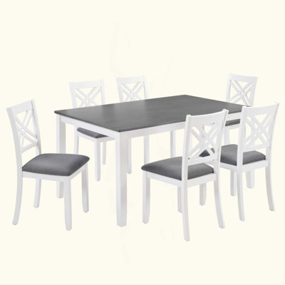 Modern 7-Piece Solid Wood Dining Set with 6 Upholstered Chairs – Two-Tone Rectangular Table for 6, Space-Saving Kitchen & Dining Room Set, Easy Assemb