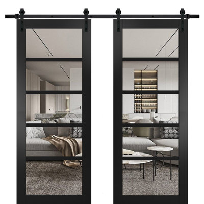 Sturdy Double Barn Door Quadro 4522 Matte Black with Clear Glass 13FT Rail Hangers Heavy Set Solid Panel Interior Doors-48" x 96" (2* 24x96)-Clear Glass-Black Rail