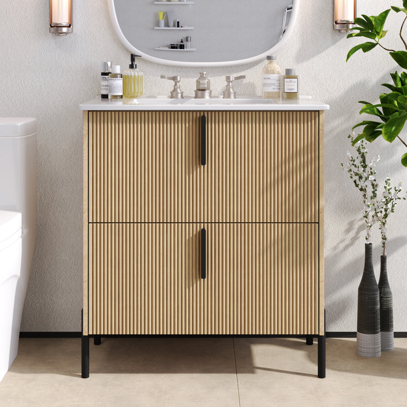 Meuble-lavabo à conception cannelée avec lavabo en céramique et tiroirs à fermeture en douceur à extension complète, Naturel