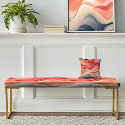 Pink And Coral Wave Horizon - Coastal Upholstered Gold Bench