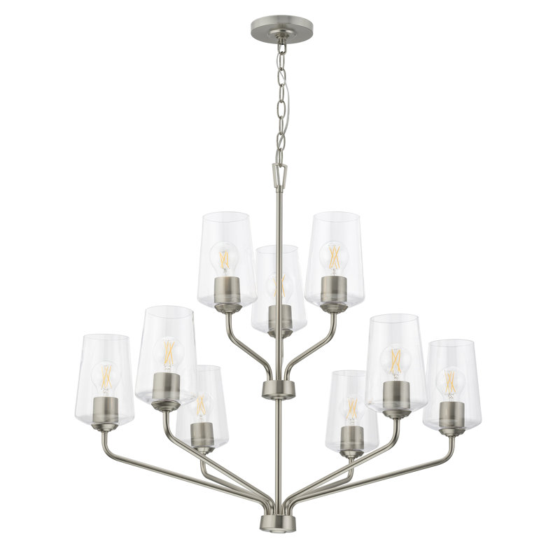 Lustre à neuf lumières avec verre transparent Celino, Nickel brossé