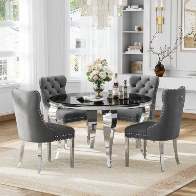 Modern 5-Piece Round Dining Set, 10Mm Black Tempered Glass Dining Table With Mirror Stainless Steel S-Shaped Legs & Velvet Upholstered Dining Chairs With Tufted Backrest And Nailhead Trim