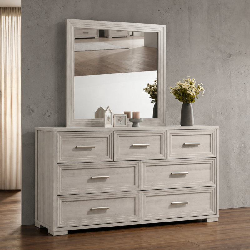 Commode de chambre à coucher 7 tiroirs Liora, Rustique naturel
