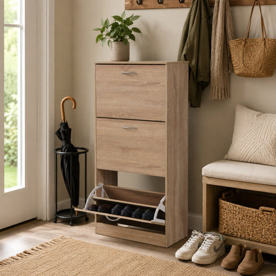 Armoire à chaussures à 3 tiroirs avec porte rabattable, armoire de rangement pour chaussures autoportante avec compartiments à double couche et rangement pour surface supérieure, bois