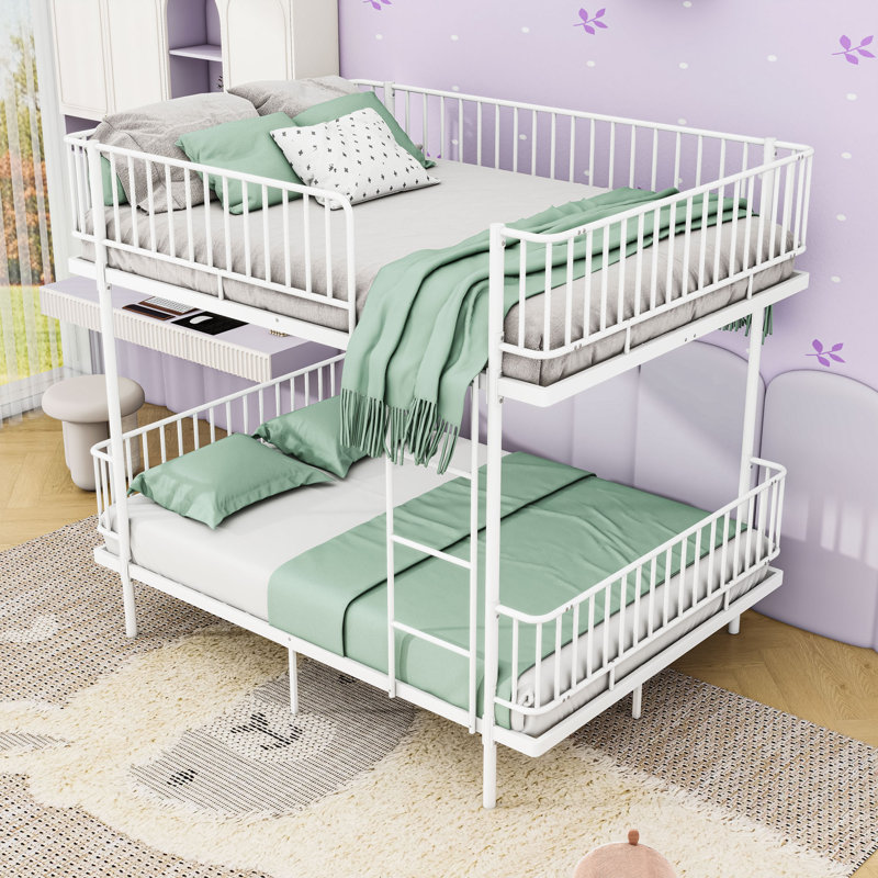 Metal Bunk Bed with Ladders and Guardrails, Full Over Full, White