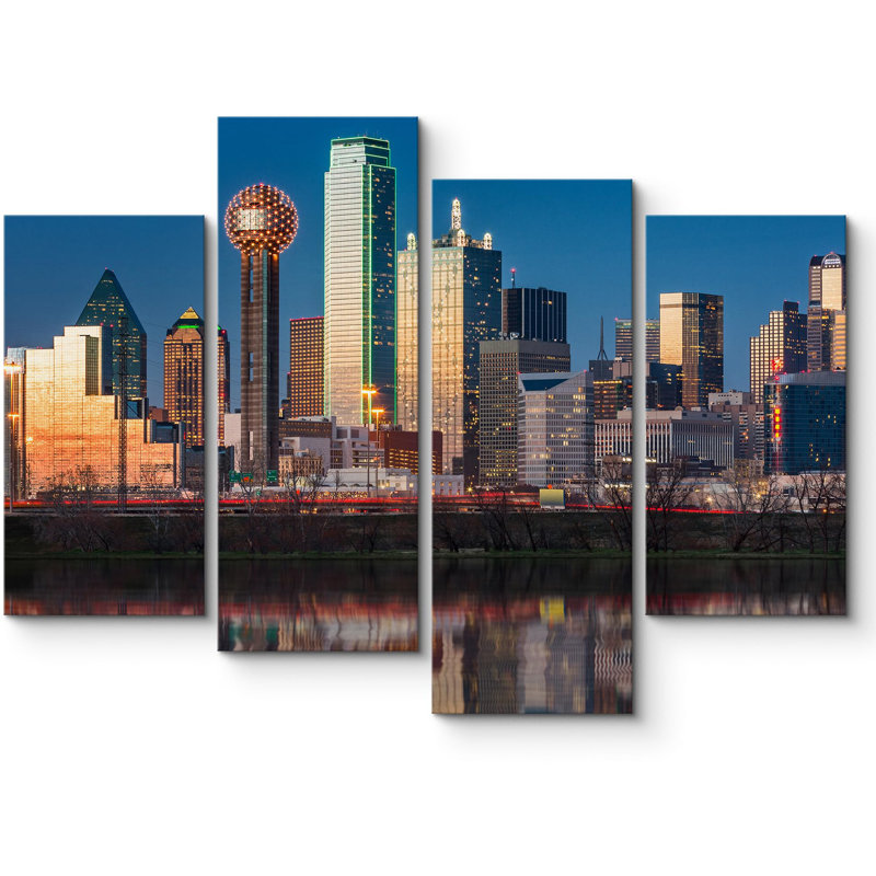 Architecture, bâtiment de la ville de Dallas, gratte-ciel au coucher du soleil, 4 pièces