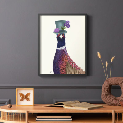 Faisan au chapeau bleu, reproduction encadrée - bois massif